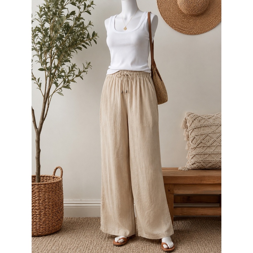 Women's XL 100% Linen Wide Leg Pants Beige Pull On Drawstring Coastal Boho